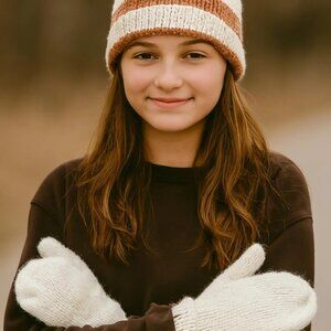 Kids' Striped Knit Hat and Mittens Set - Cream and Brown - Size 8-10